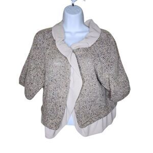 Dessin Short Sleeve Cropped Cardigan Womens L Beige Ivory Ruffle